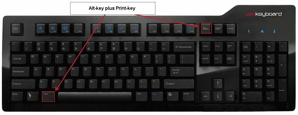 Image of a Das Keyboard highlighting the Alt key and Print key, with arrows pointing to their locations for easy identification.