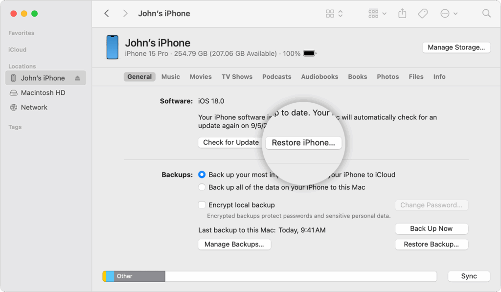 Screenshot showing iPhone settings on a Mac, highlighting options like 'Restore iPhone' and backup settings for John’s iPhone 15 Pro.