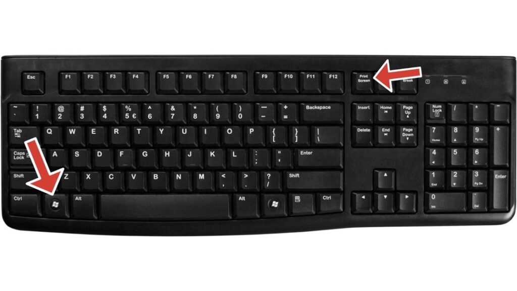 A top view of a black computer keyboard, highlighting the Ctrl, Alt, and Print Screen keys with red arrows.