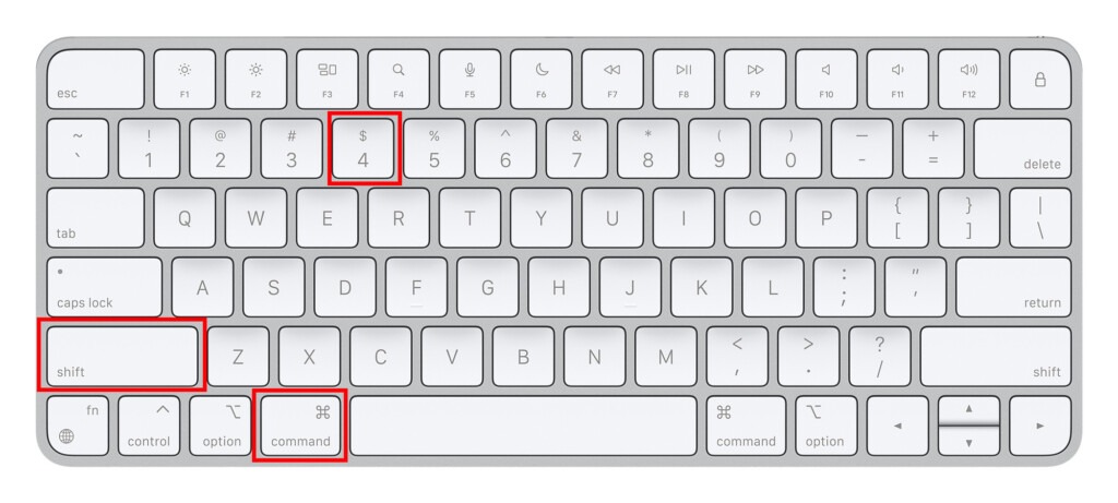 Image of a white keyboard highlighting the Shift, Command, and dollar sign ($) on the number 4 key.