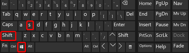 Close-up of a computer keyboard, highlighting the Shift and Windows keys, with a marked 's' key for emphasis.