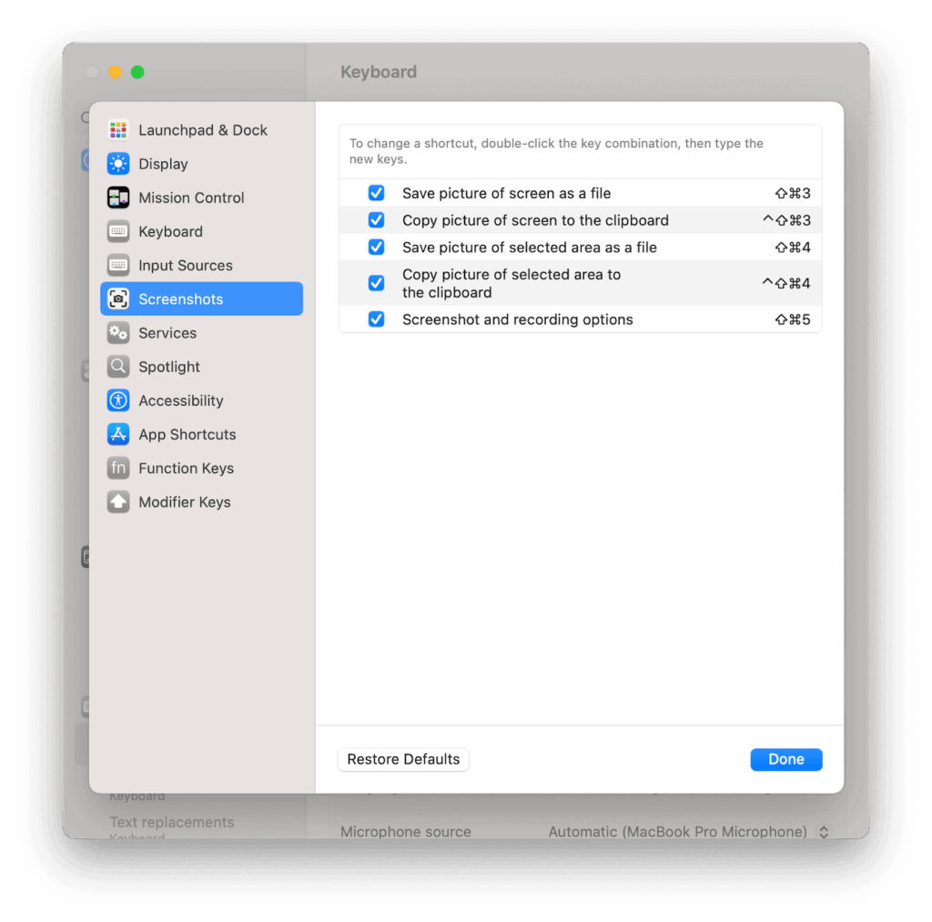 Screenshot settings on a Mac keyboard preferences window, highlighting screenshot shortcuts and options for saving and copying images.