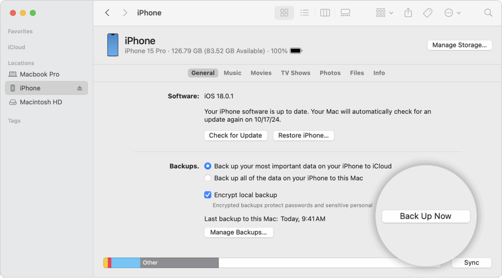 Screenshot of a Mac interface showing iPhone settings, with backup options and a prompt to "Back Up Now" highlighted.