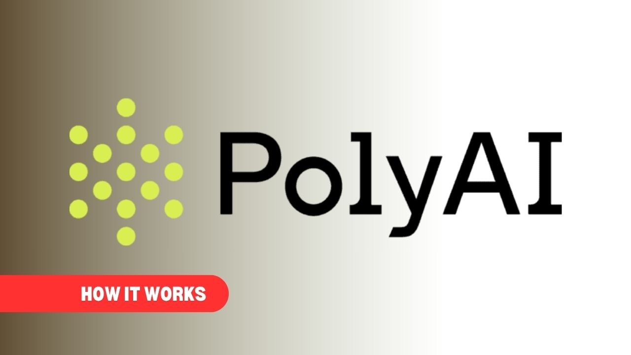 Logo of PolyAI with green dots on the left and a red button labeled "HOW IT WORKS" beneath the text.