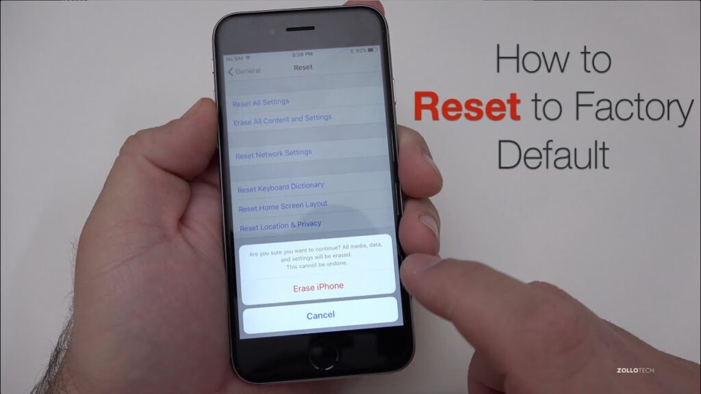 A hand holding an iPhone displays the reset menu, prompting to erase all data and settings, with instructions in the background.