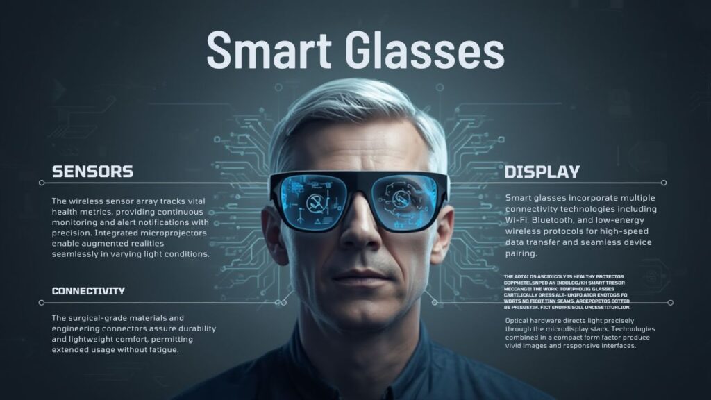A person wearing smart glasses stands against a tech-inspired background, highlighting features like sensors, display, and connectivity options.