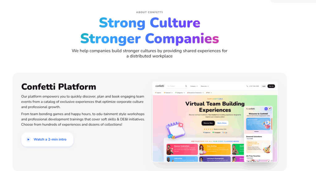 Landing page for Confetti, showcasing virtual team building experiences and features for enhancing company culture.