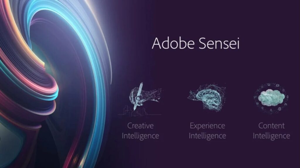 Adobe Sensei logo showcasing Creative, Experience, and Content Intelligence with colorful, swirling graphics in the background.