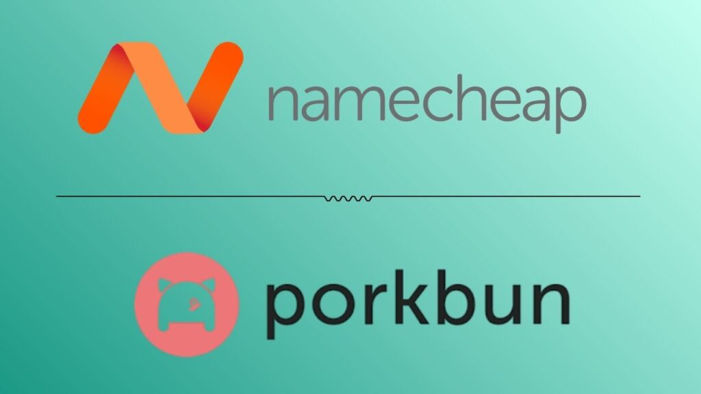 Logos of Namecheap and Porkbun on a soft teal background, separated by a wavy line, showcasing two domain registration services.