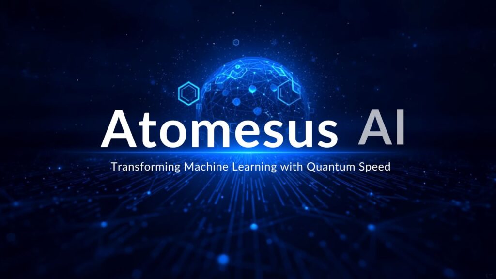 "Logo of Atomesus AI against a dark, digital-themed background, highlighting quantum speed in machine learning advancements."