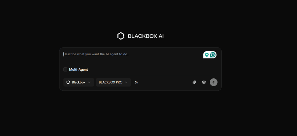 Interface of Blackbox AI, featuring input area for AI tasks, options for Multi-Agent use, and a sleek, dark design.
