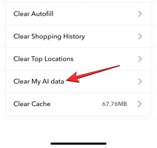 Settings menu displaying options to manage data, with "Clear My AI data" highlighted in red.
