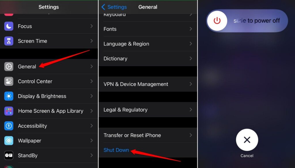 A screenshot of an iPhone settings menu showing options like "General," "Shut Down," and a power-off slider.