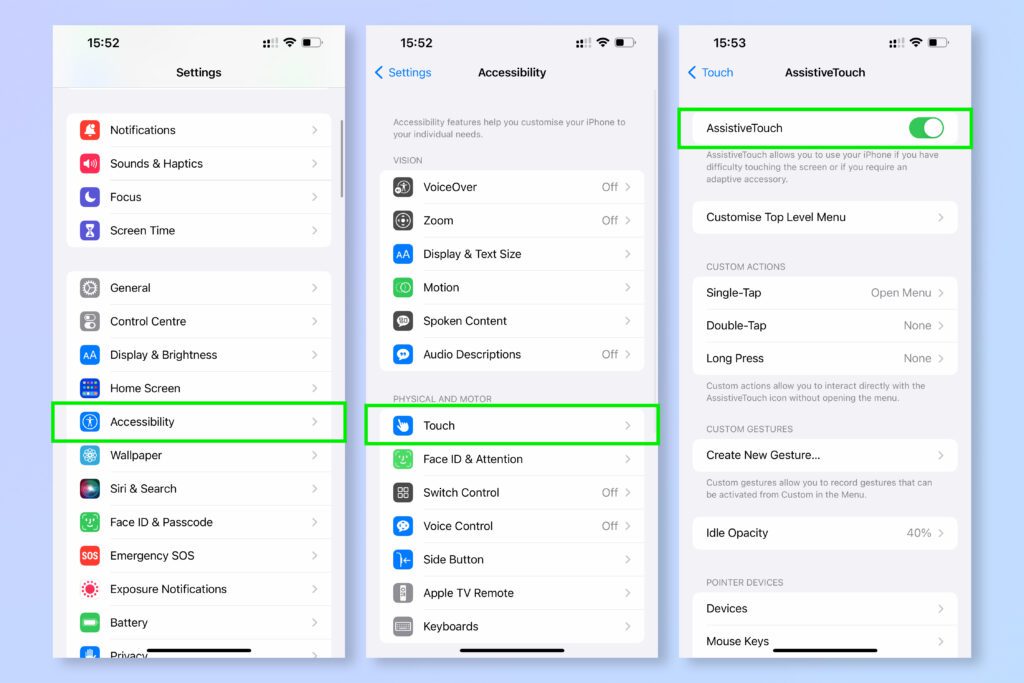 Screenshots of an iPhone's Settings app, highlighting Accessibility and AssistiveTouch options for ease of use.