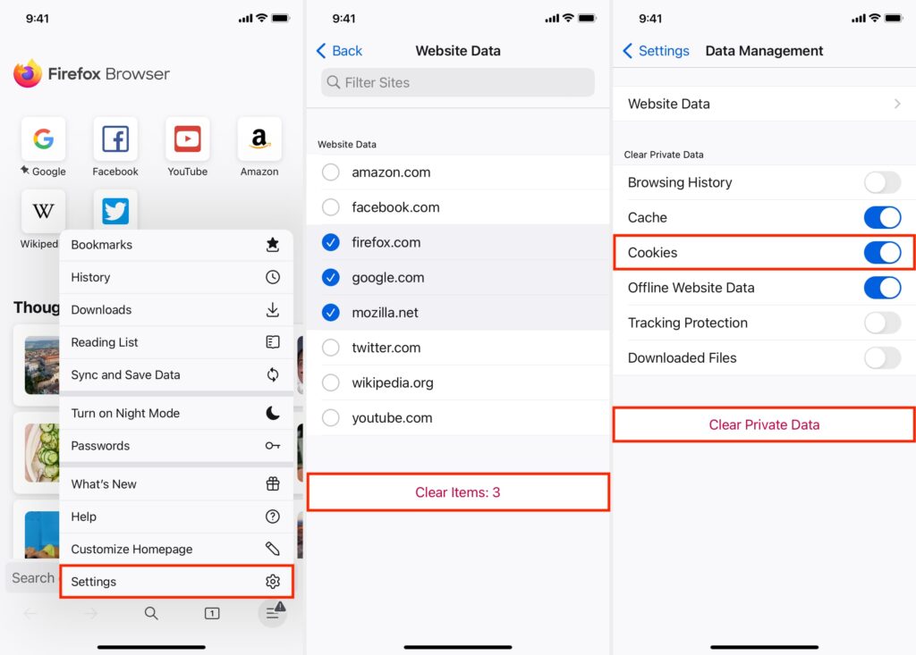 Screenshots of Mozilla Firefox's settings on mobile, showing options for managing website data and clearing cookies and private data.
