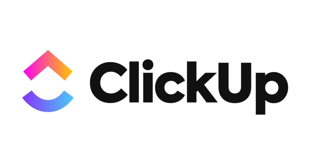 Logo of ClickUp featuring a colorful geometric design in pink, orange, and blue alongside bold black text spelling "ClickUp."