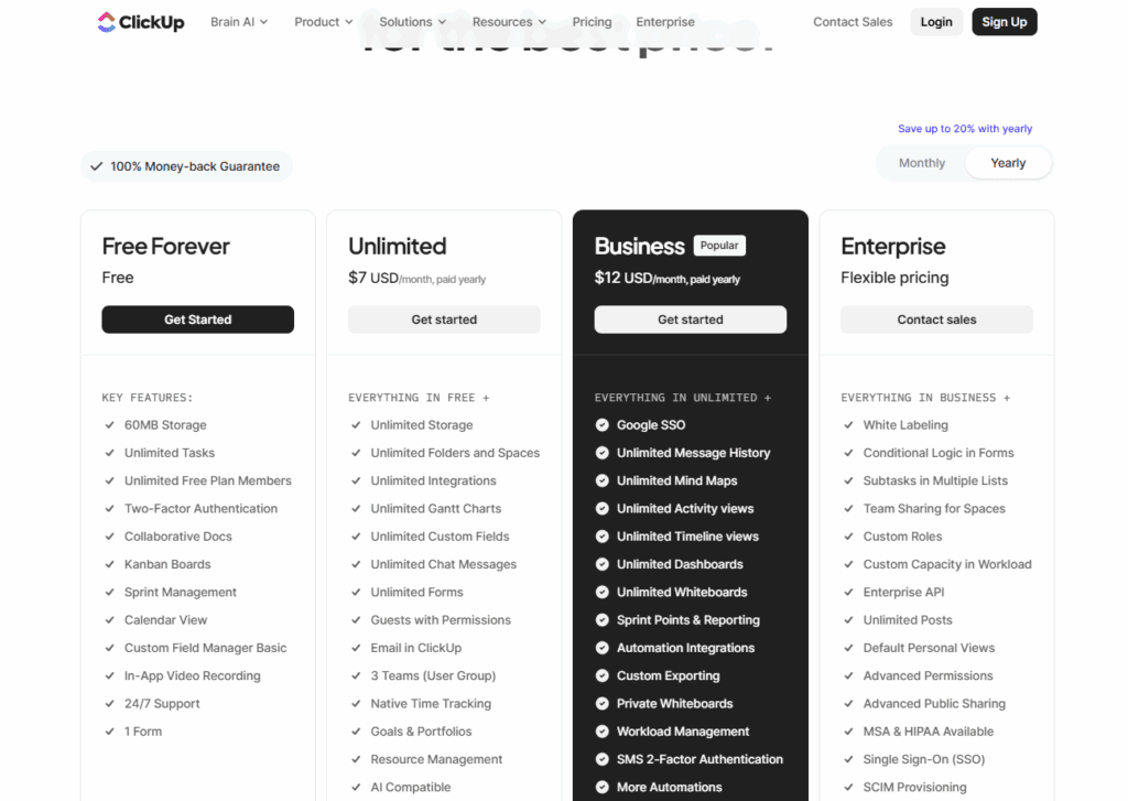 Pricing plans for ClickUp, showing options for Free, Unlimited, Business, and Enterprise tiers with key features listed.