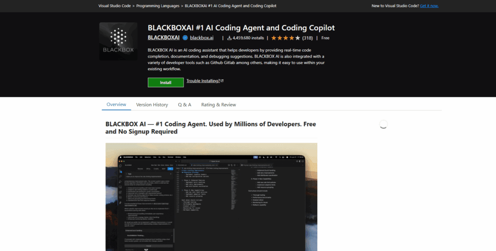 Screenshot of BLACKBOX AI coding assistant's interface in Visual Studio Code, showcasing features for coding, documentation, and debugging.