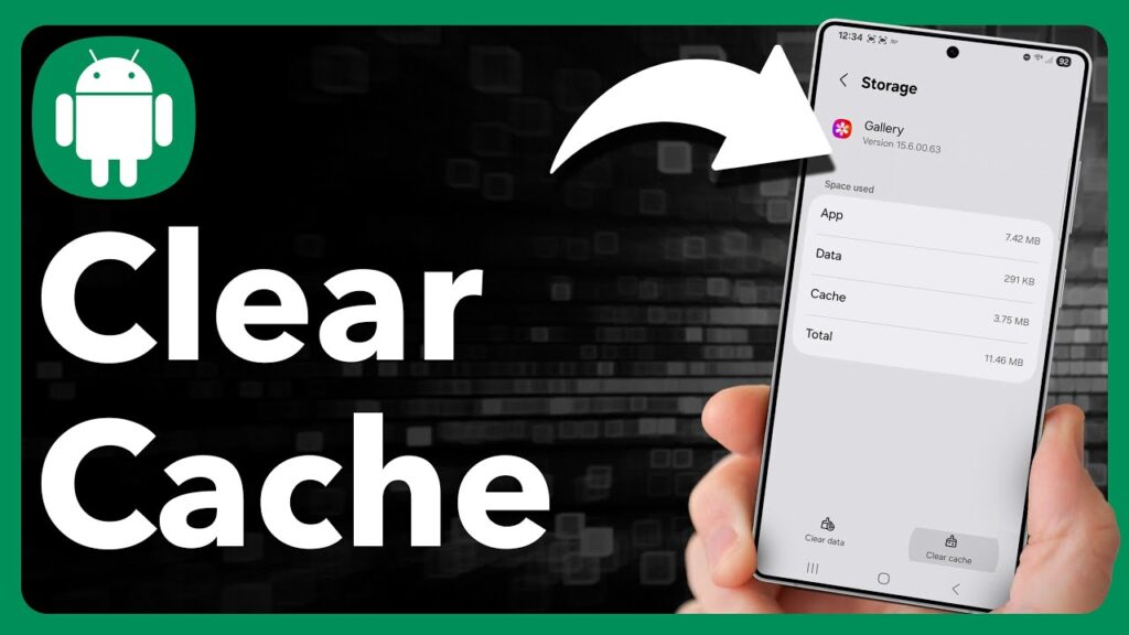 A hand holds a smartphone displaying an Android interface for clearing the cache of the Gallery app, with usage details.