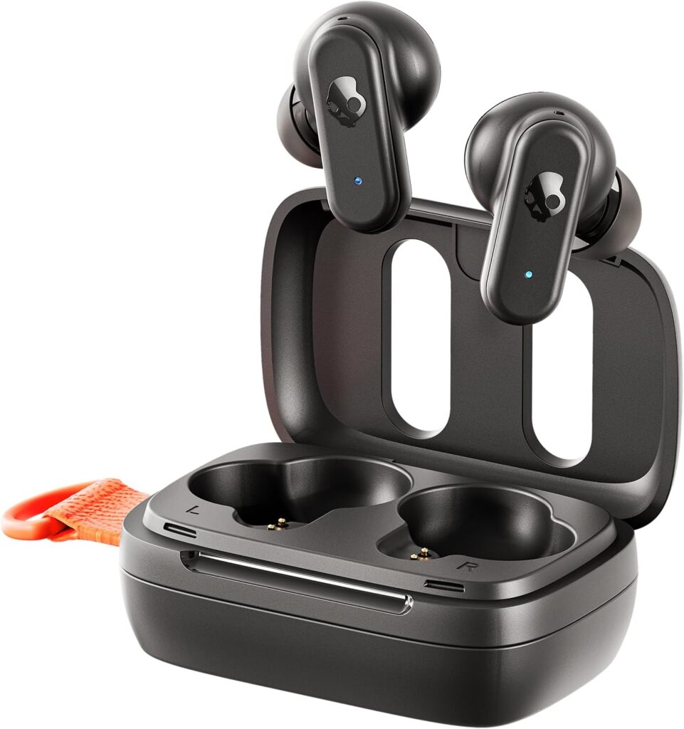 Black wireless earbuds partially open in a charging case, with a visible blue LED indicator and an orange strap for portability.
