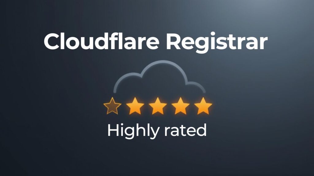 Graphic showcasing "Cloudflare Registrar" text with a five-star rating and "Highly rated" beneath it on a dark background.
