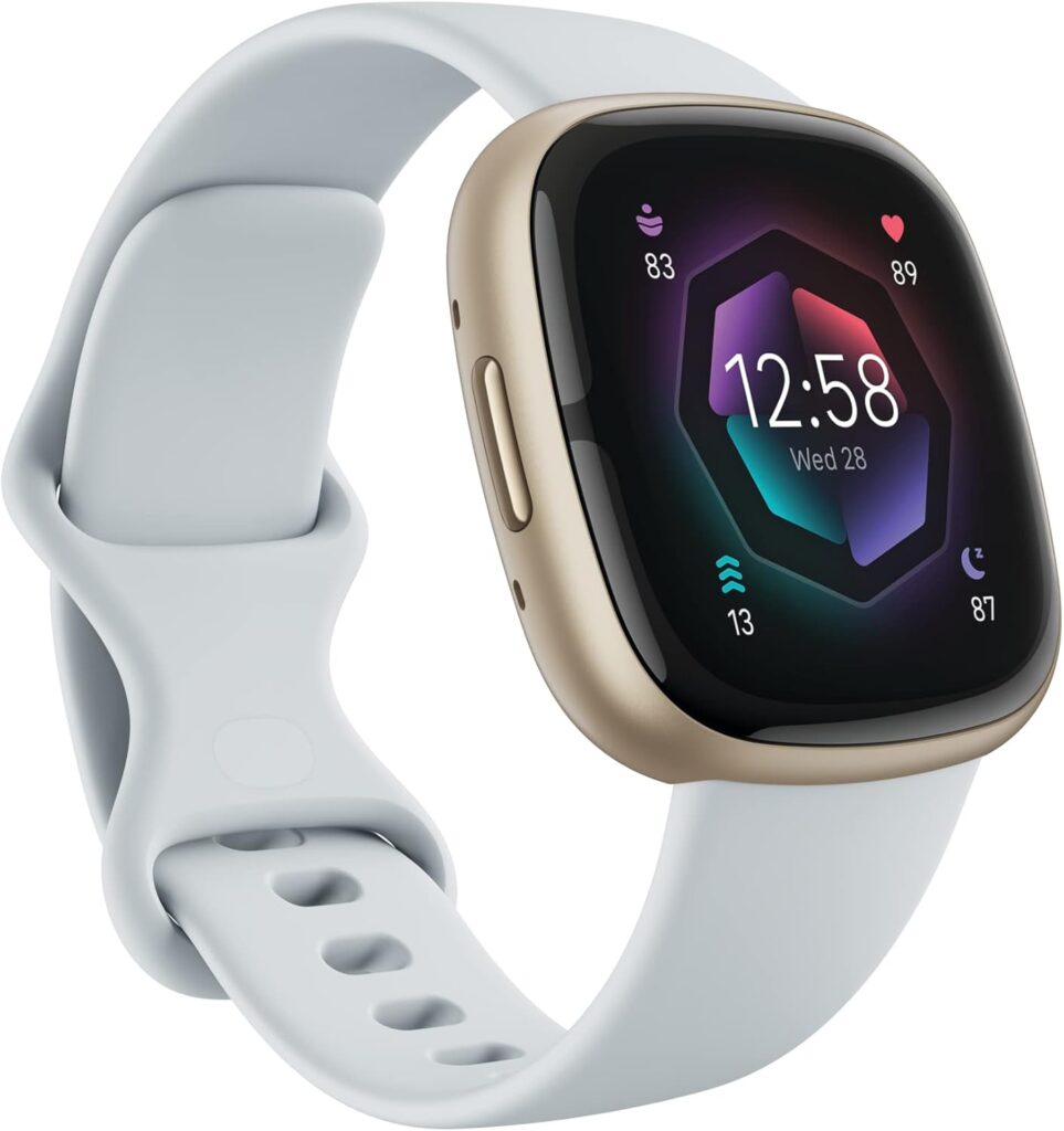 A sleek smart watch with a golden frame and white band displays time, heart rate, and fitness metrics on a colorful screen.