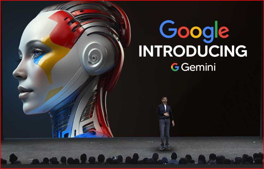 Image showing a futuristic, partial face and mechanical shoulders of a female android on the left, with a man standing on a stage below, and the text "Google INTRODUCING G Gemini" on the right.
