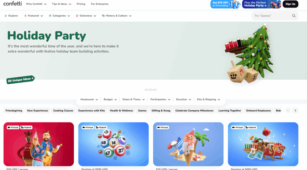 A festive holiday party webpage featuring a decorated Christmas tree, menorah, and various team-building activity options.