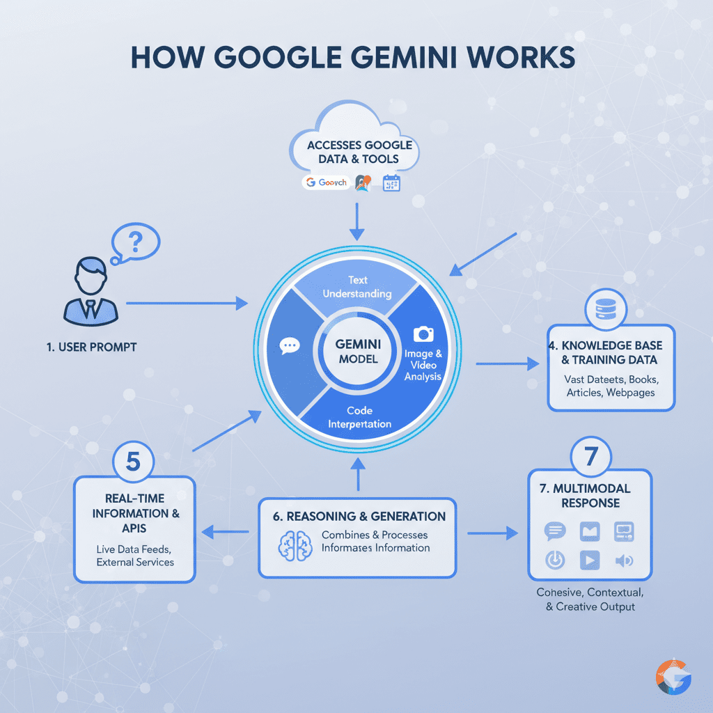 Infographic illustrating how Google Gemini works, detailing user prompts, data access, interpretation, and multimodal responses.