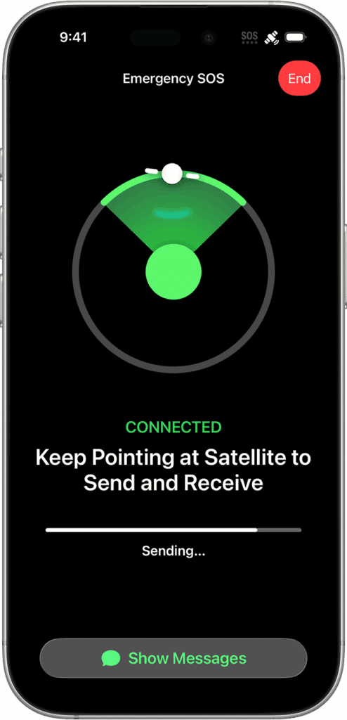 A smartphone screen displays an Emergency SOS interface, showing a connected status and instructions to point at a satellite.