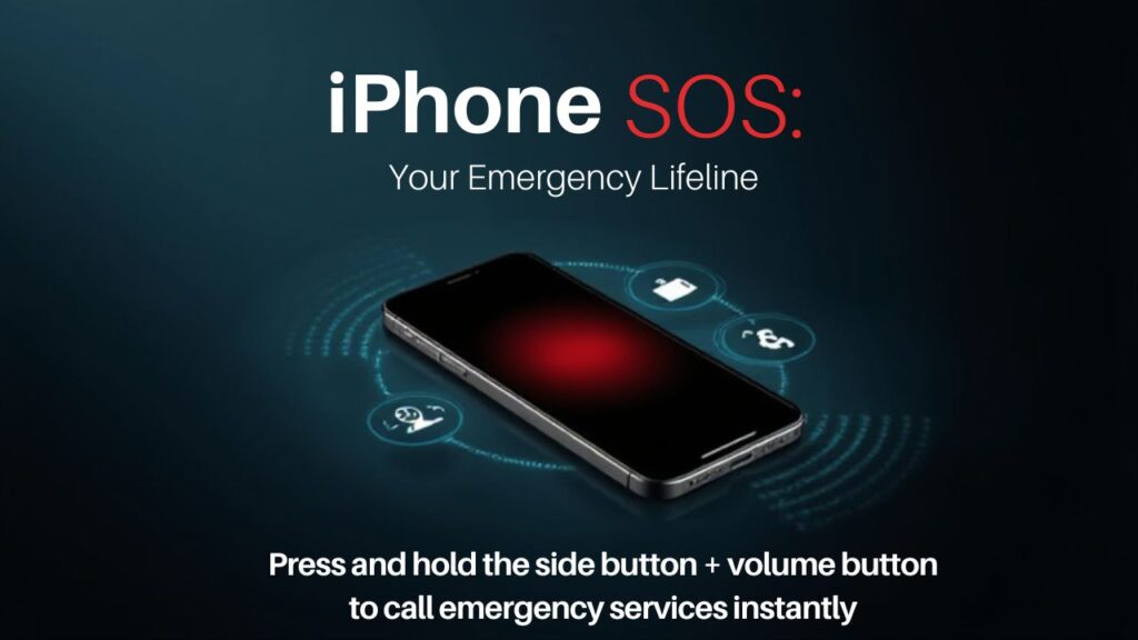 An iPhone displaying the SOS feature, with a red background and instructions to call emergency services by pressing buttons.