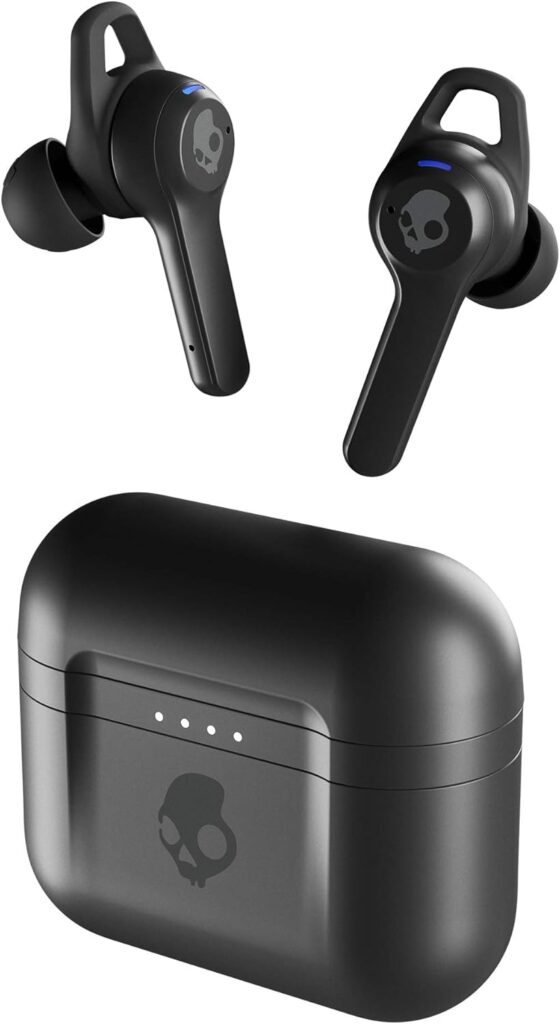 Black Skullcandy wireless earbuds with charging case, featuring a logo and LED indicator lights.