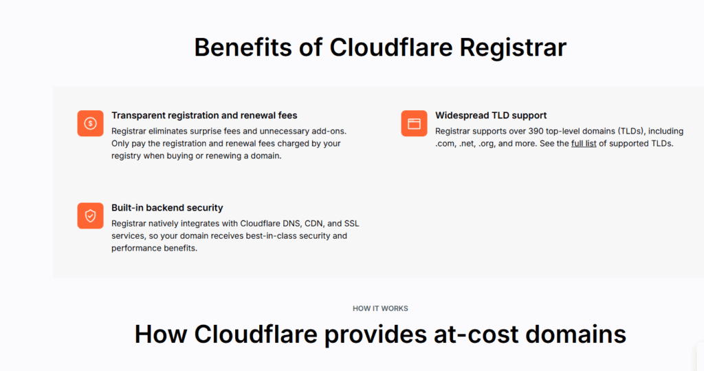 Infographic detailing Cloudflare Registrar benefits: transparent fees, built-in security, and support for over 390 TLDs.