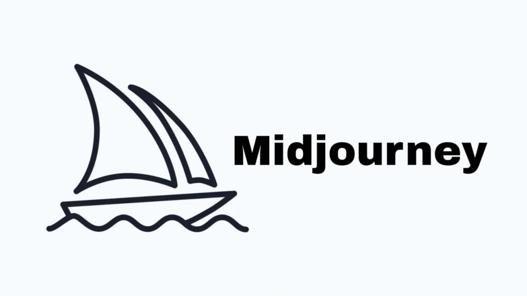 A minimalistic line drawing of a sailboat next to the bold text "Midjourney" on a light background.