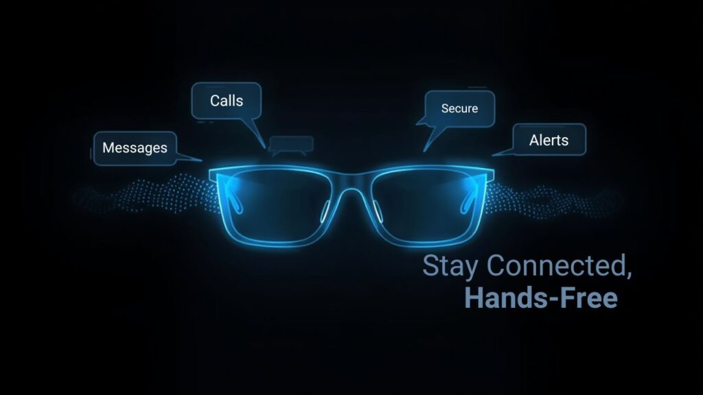 Graphic featuring glowing glasses with text bubbles displaying "Calls," "Messages," "Secure," and "Alerts." Tagline: "Stay Connected, Hands-Free."