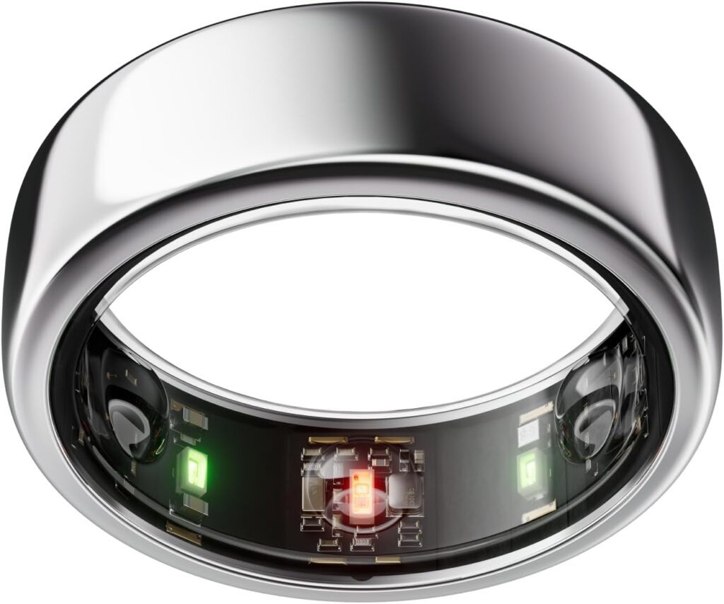 A sleek, metallic smart ring displaying internal sensors and lights, designed for health tracking and connectivity.