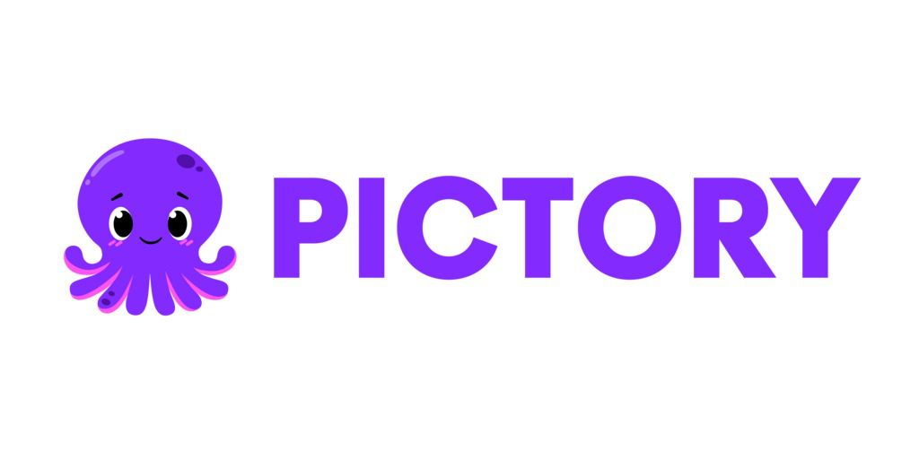 A cute purple octopus mascot next to the word "PICTORY," which is also in purple, conveying a playful and friendly brand identity.