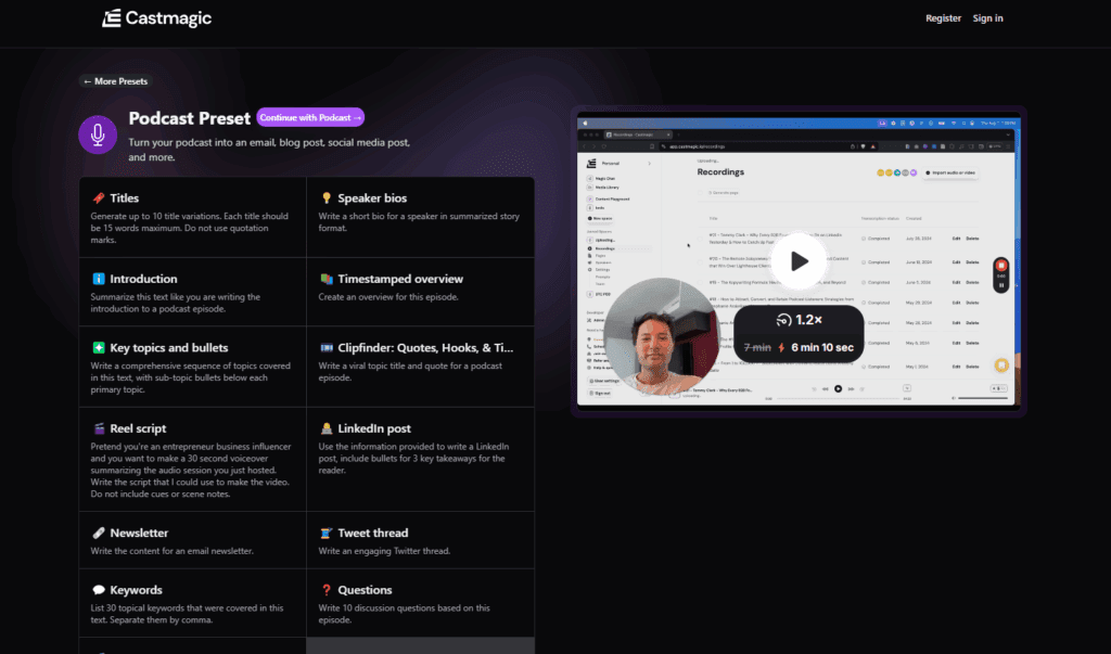 A computer screen displaying the Castmagic podcast tool with various content generation options on a dark background.