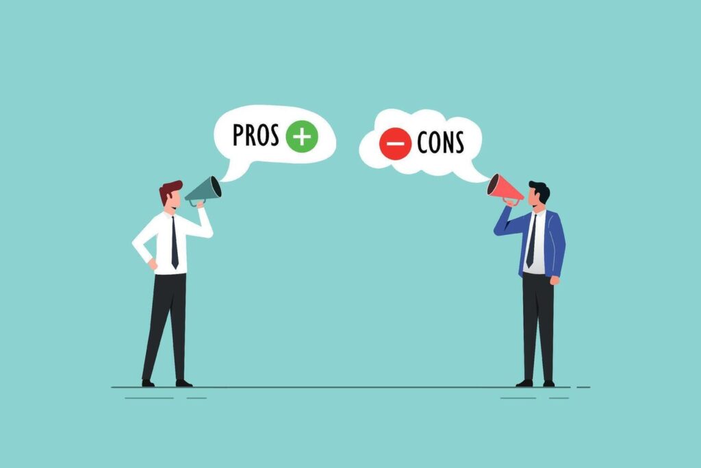 Illustration of two men, each holding a megaphone: one pointing to a speech bubble labeled "PROS +" in green, and the other pointing to a speech bubble labeled "CONS" in red.