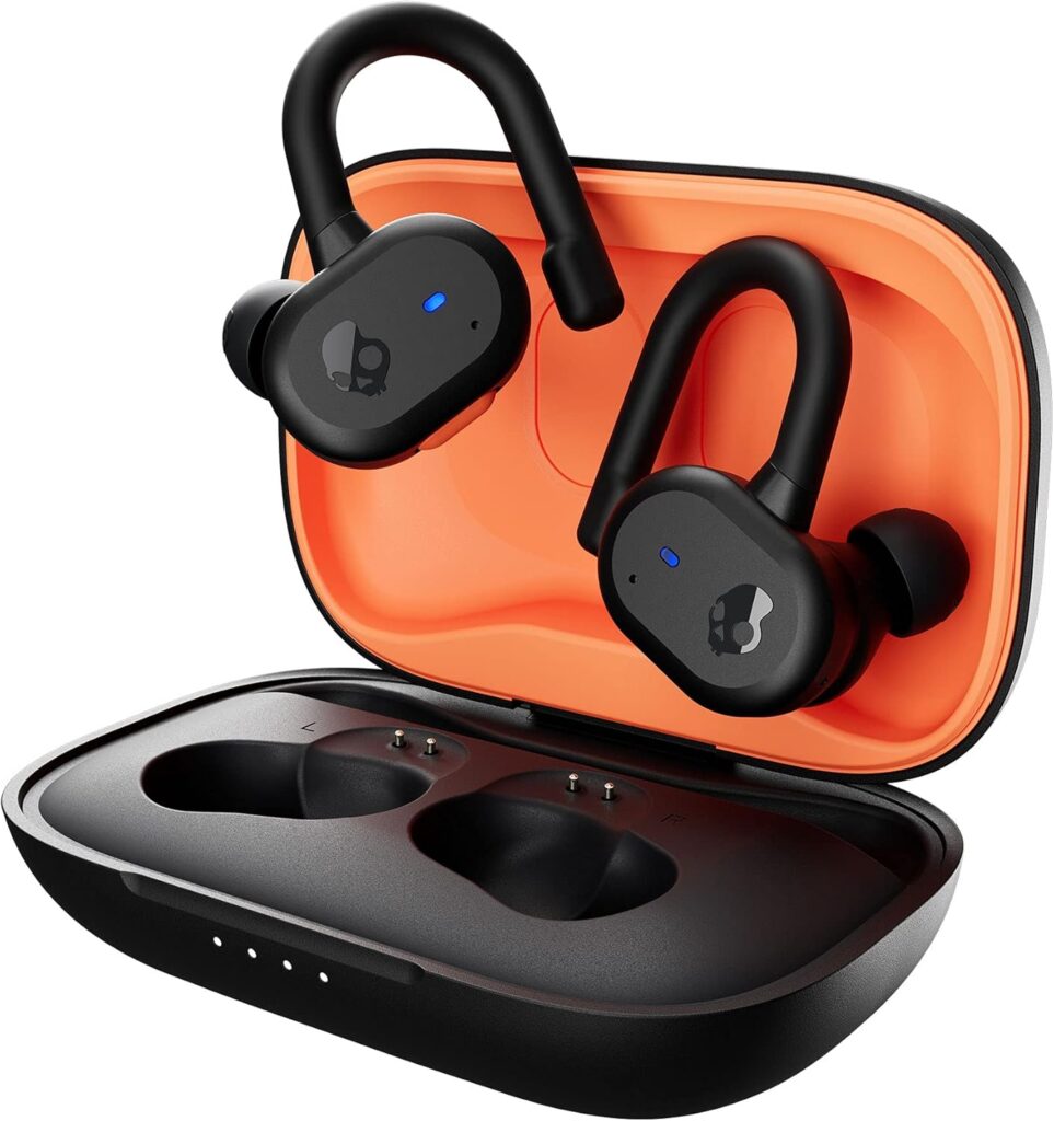 Black wireless earbuds with ear hooks are placed in a black and orange charging case, showcasing their sleek design and functionality.