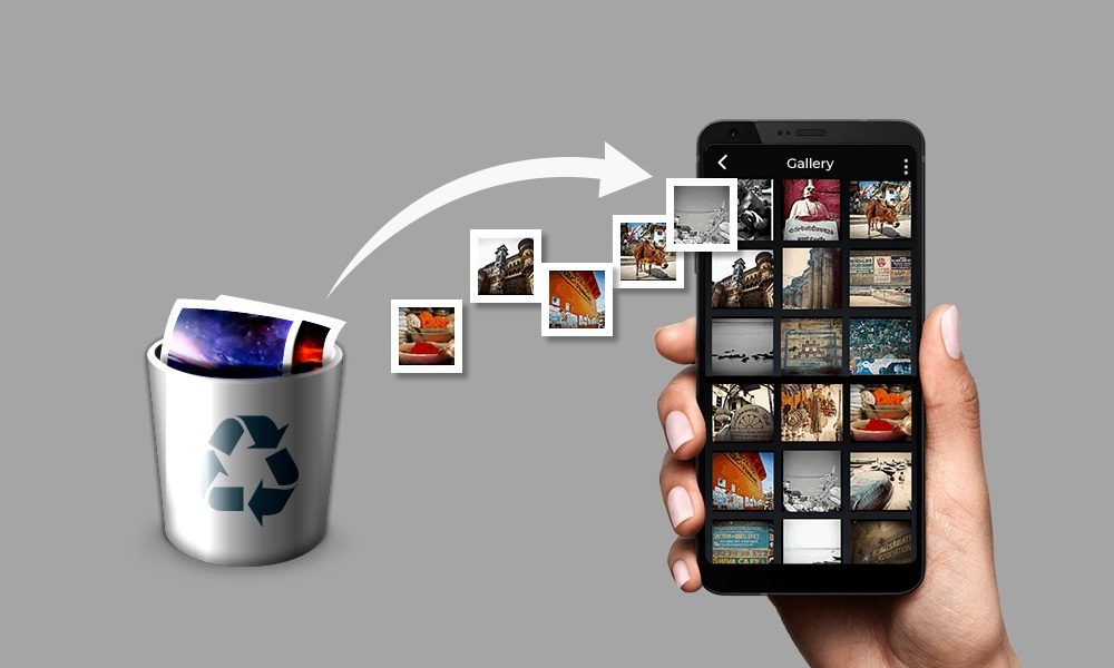 A hand holds a smartphone displaying a gallery of images, while photos are being removed from a recycling bin.