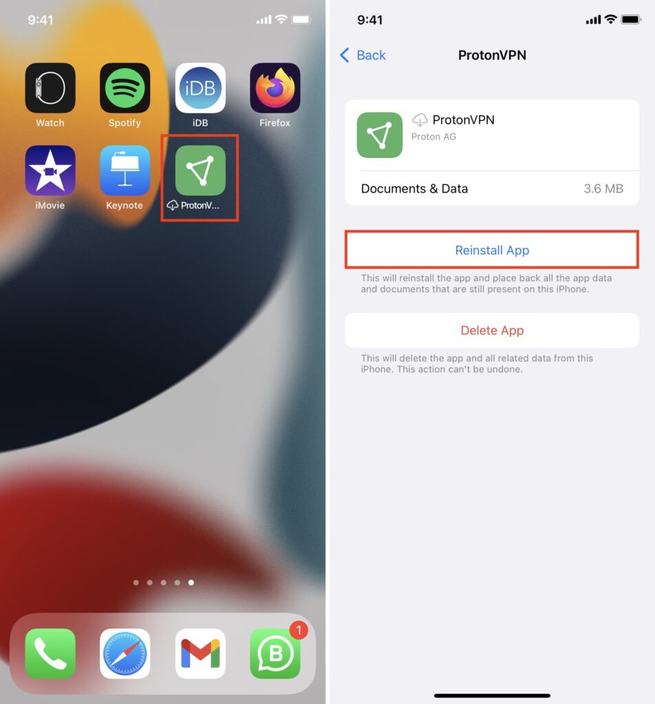 Screenshot of an iPhone displaying the ProtonVPN app, with options to reinstall or delete it on the right side.