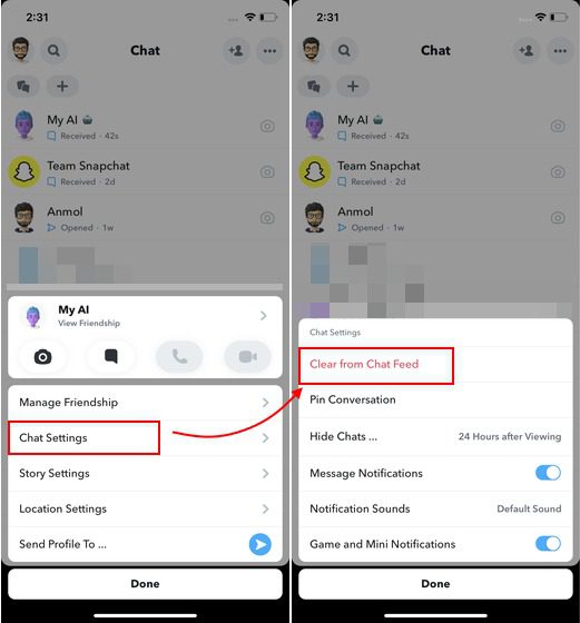 Screenshot of Snapchat settings showing options to manage chat, including "Clear from Chat Feed" highlighted.