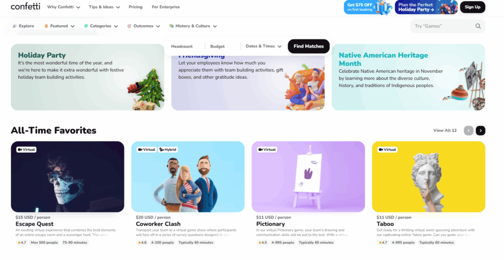A website showcasing various virtual team-building activities, including Escape Quest, Coworker Clash, Pictionary, and Taboo. 