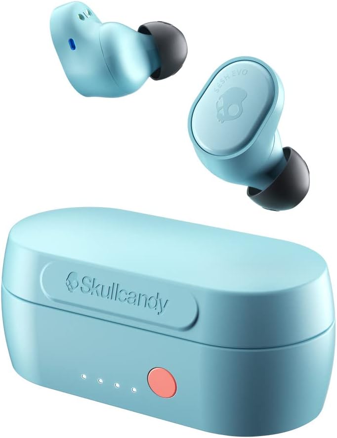 A pair of light blue Skullcandy Sesh EVO earbuds floating above their matching charging case with a red button and indicator lights.