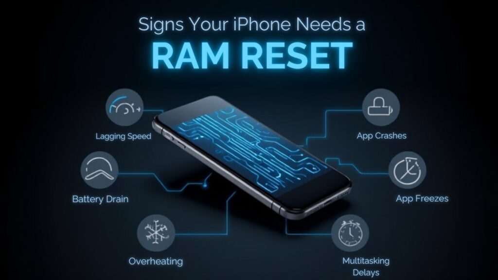 A smartphone graphic highlights signs that an iPhone needs a RAM reset, including lagging speed, app crashes, and battery drain.