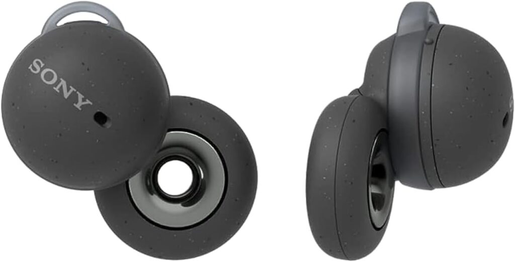 Two black Sony wireless earbuds showcasing a sleek, rounded design with a matte finish and shiny inner accents.