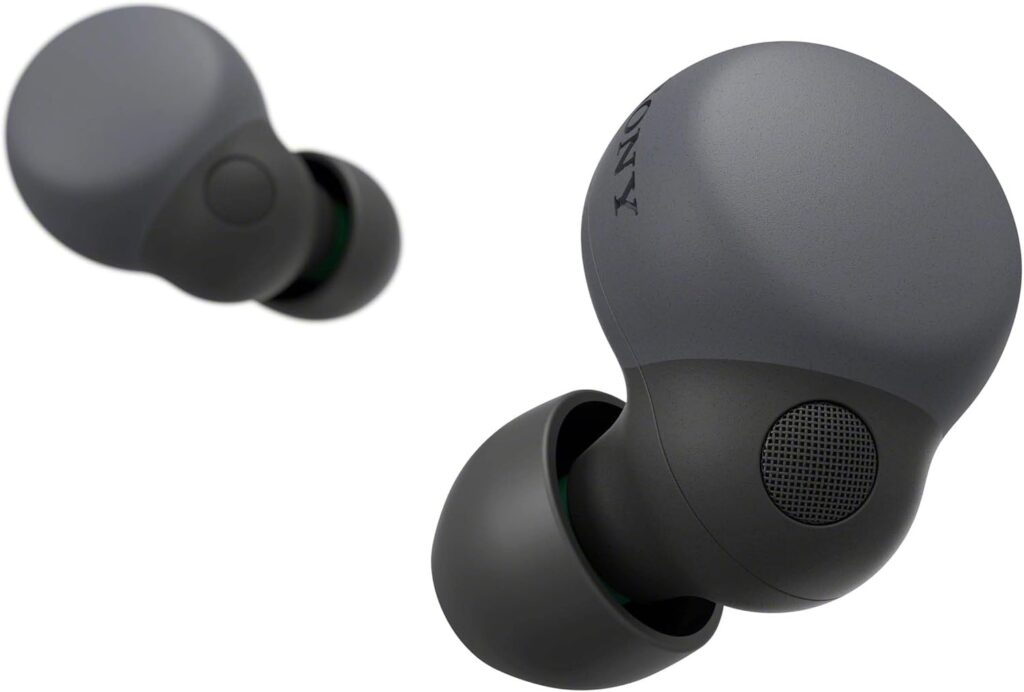 A pair of wireless Sony earbuds in sleek dark gray, featuring a rounded design and textured speaker grill.