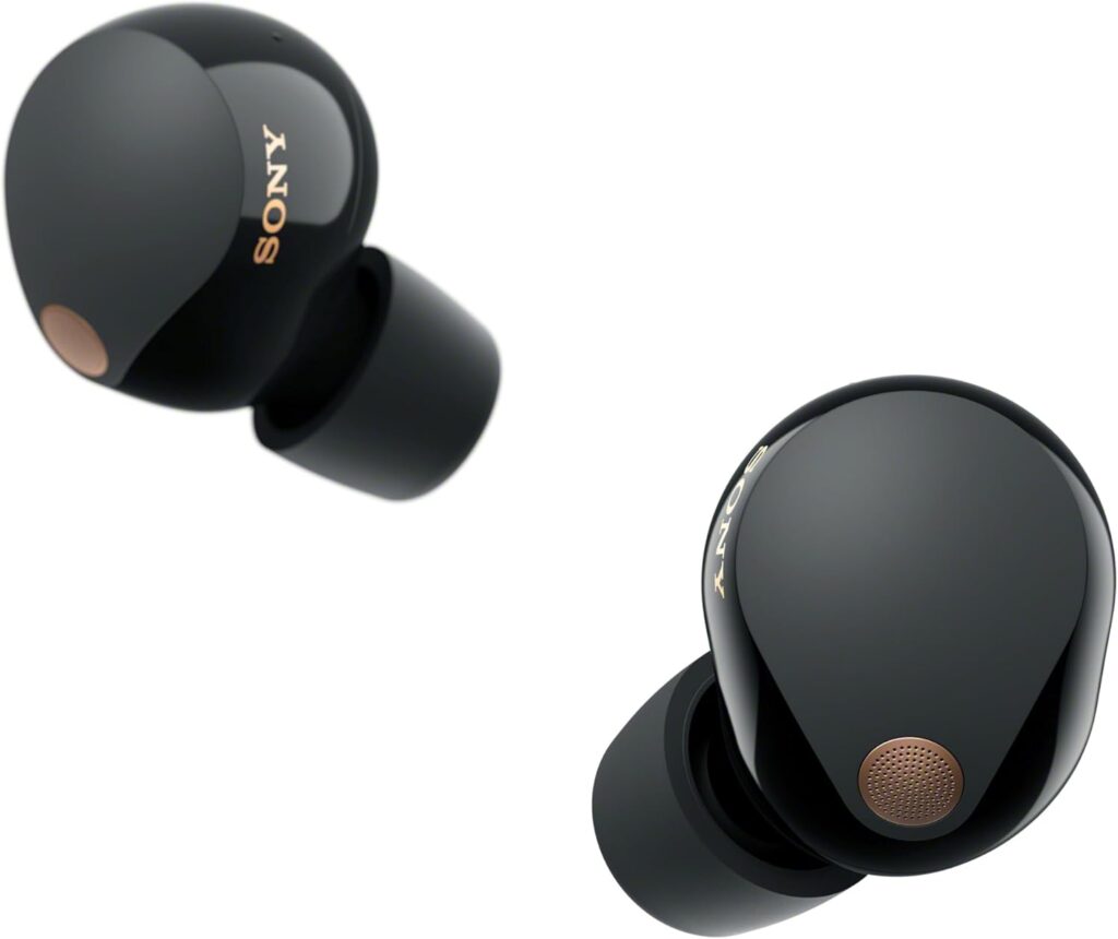 Two black Sony wireless earbuds with glossy finishes and copper accents, viewed from different angles.