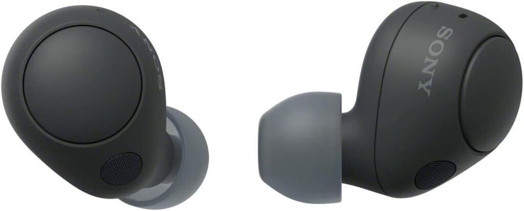 Pair of Sony wireless earbuds in sleek black with gray silicone tips, showcasing their modern design and audio features.